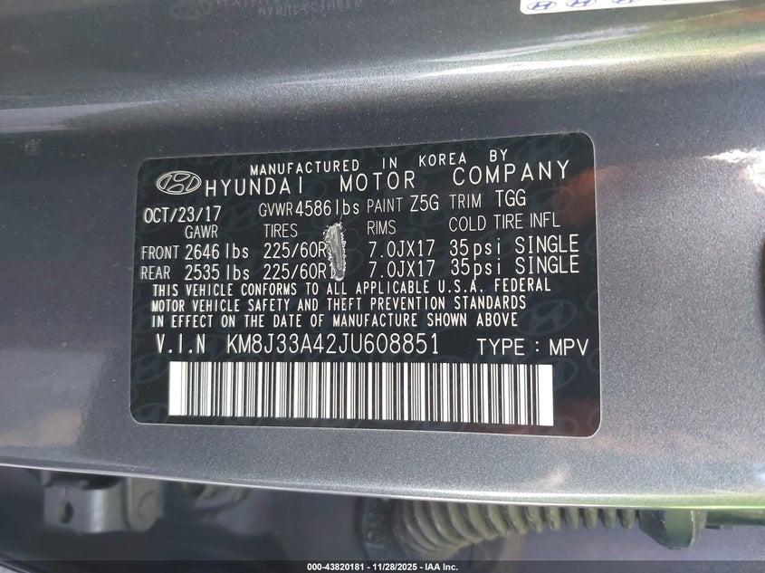 2018 Hyundai Tucson Sel VIN: KM8J33A42JU608851 Lot: 43820181