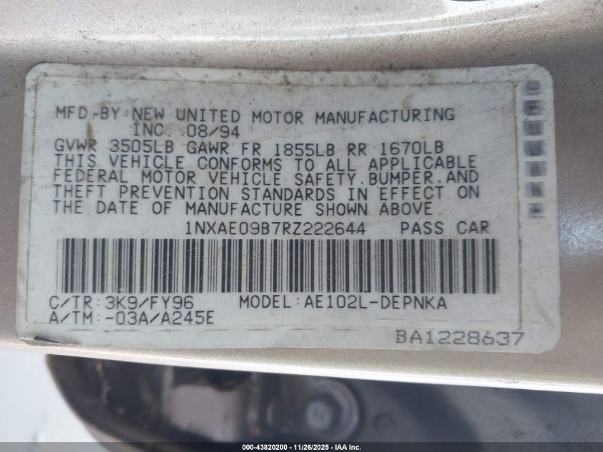 1994 Toyota Corolla Le/Dx VIN: 1NXAE09B7RZ222644 Lot: 43820200