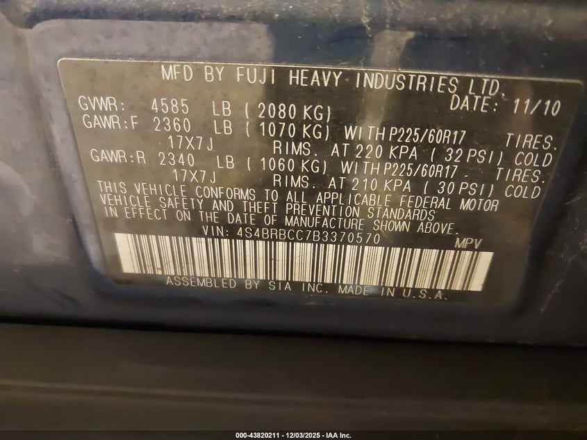4S4BRBCC7B3370570 2011 SUBARU OUTBACK photo no. 9