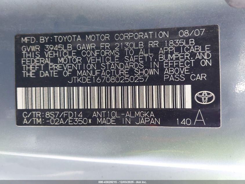 2008 Scion Tc VIN: JTKDE167080250257 Lot: 43820215