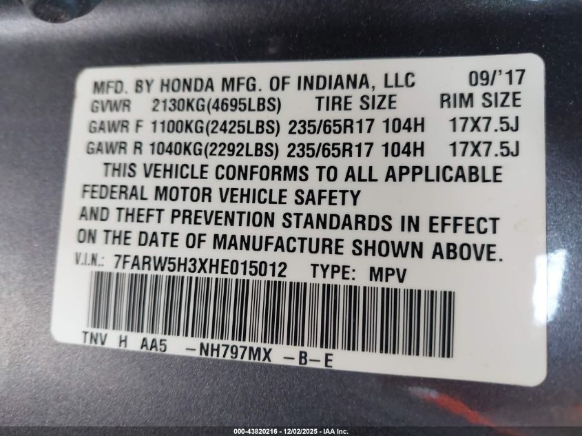 2017 Honda Cr-V Lx VIN: 7FARW5H3XHE015012 Lot: 43820216