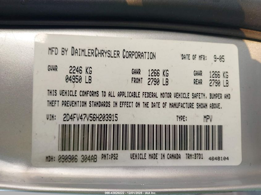 2006 Dodge Magnum VIN: 2D4FV47V56H203915 Lot: 43820222