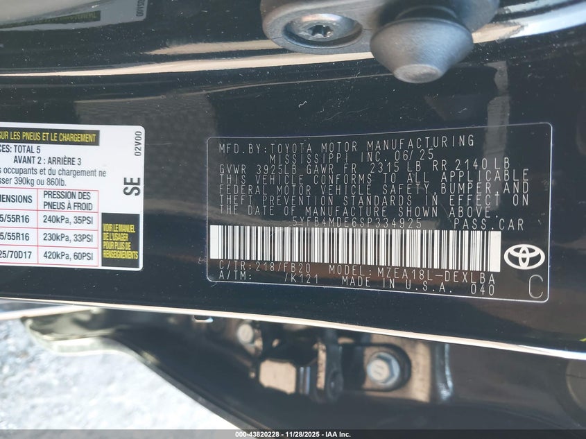 2025 Toyota Corolla Le VIN: 5YFB4MDE6SP334925 Lot: 43820228