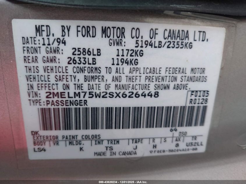 1995 Mercury Grand Marquis Ls VIN: 2MELM75W2SX626448 Lot: 43820234