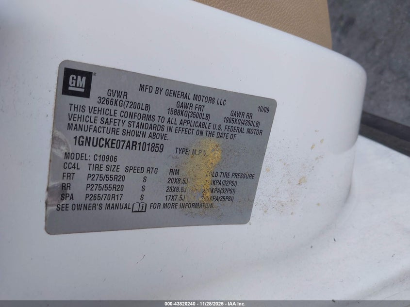 2010 Chevrolet Suburban 1500 Ltz VIN: 1GNUCKE07AR101859 Lot: 43820240