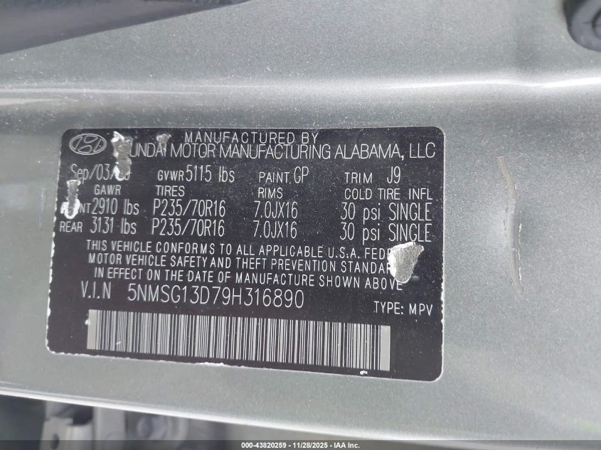 2009 Hyundai Santa Fe Gls VIN: 5NMSG13D79H316890 Lot: 43820259