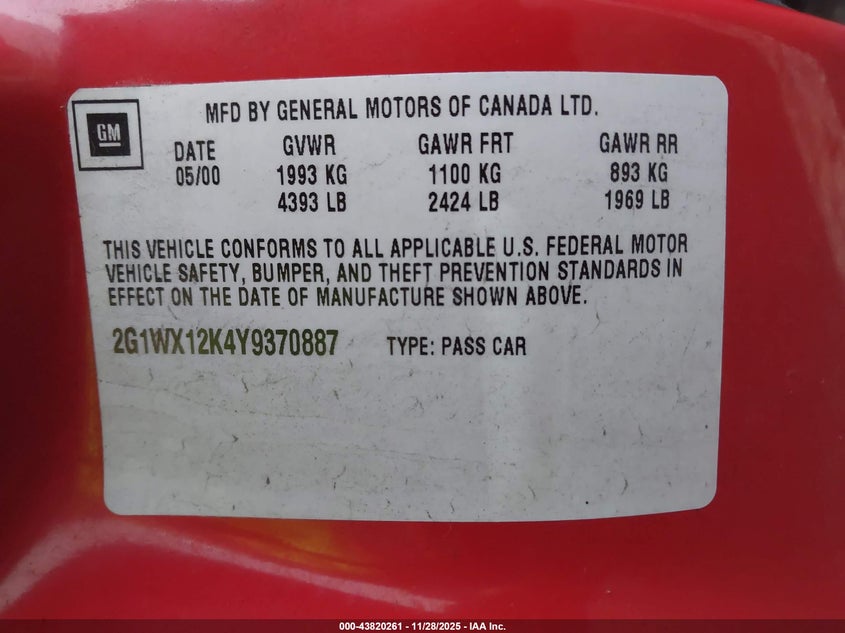 2000 Chevrolet Monte Carlo Ss VIN: 2G1WX12K4Y9370887 Lot: 43820261