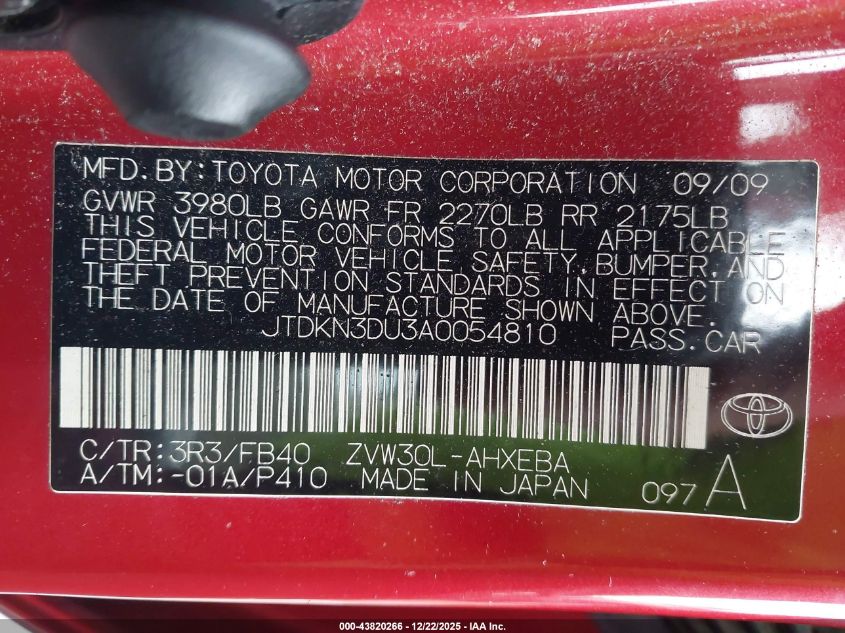 2010 Toyota Prius VIN: JTDKN3DU3A0054810 Lot: 43820266