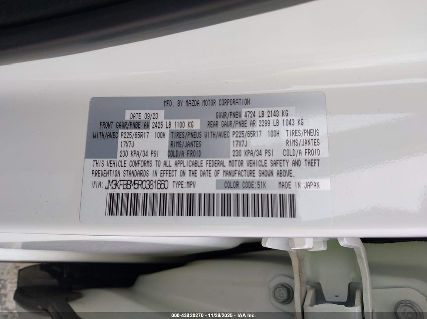 2024 Mazda Cx-5 2.5 S Select VIN: JM3KFBBM5R0381660 Lot: 43820270