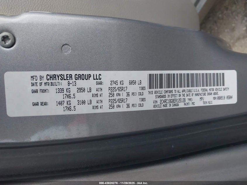 2014 Chrysler Town & Country Touring VIN: 2C4RC1BG8ER125128 Lot: 43820276