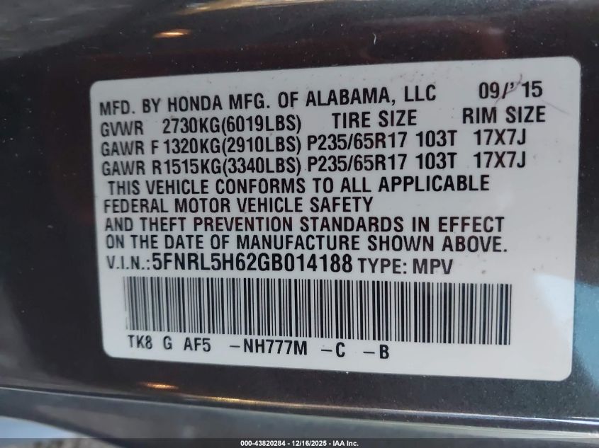 2016 Honda Odyssey Ex-L VIN: 5FNRL5H62GB014188 Lot: 43820284