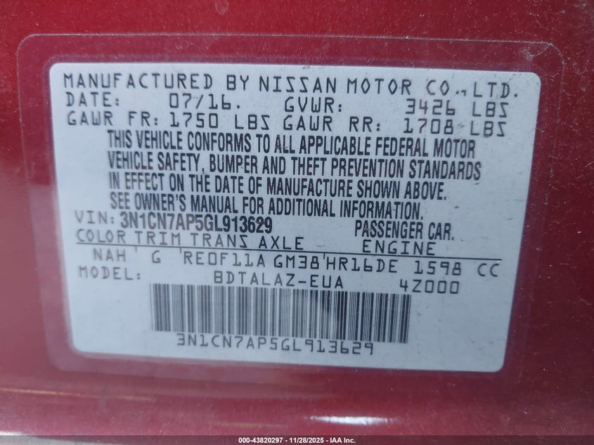 2016 Nissan Versa 1.6 S+ VIN: 3N1CN7AP5GL913629 Lot: 43820297