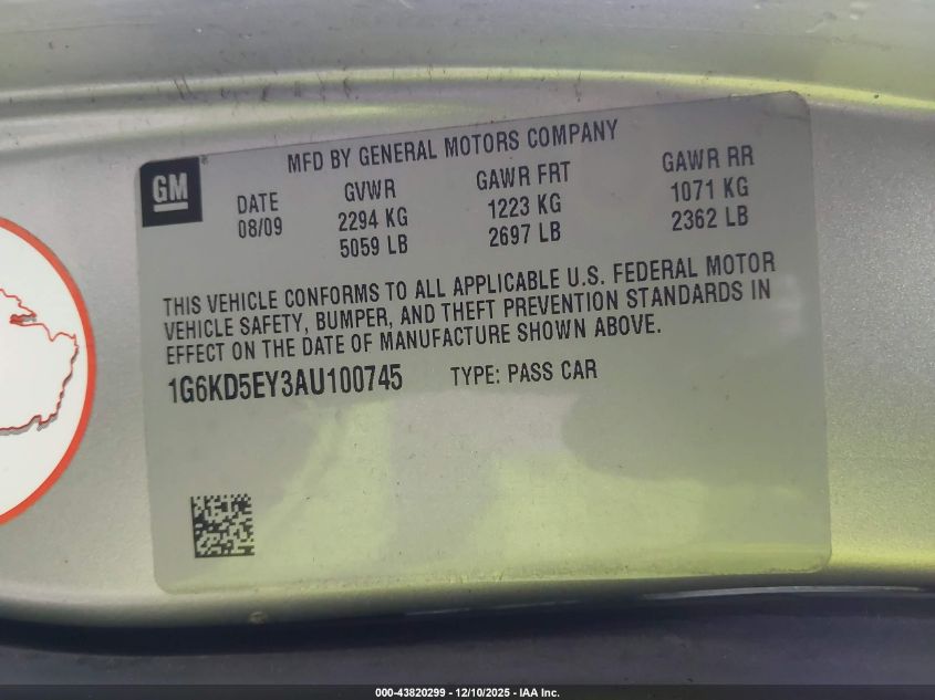 2010 Cadillac Dts Luxury Collection VIN: 1G6KD5EY3AU100745 Lot: 43820299