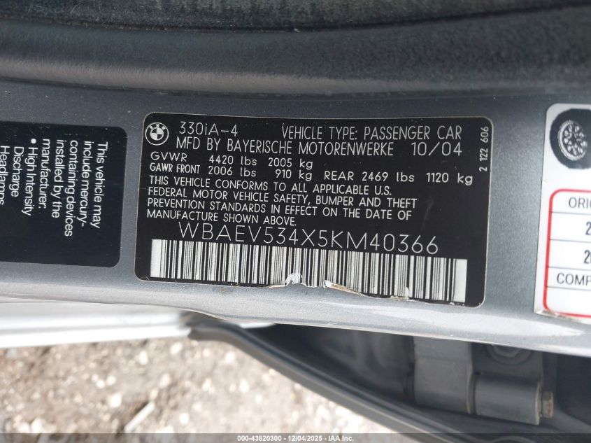 2005 BMW 330I VIN: WBAEV534X5KM40366 Lot: 43820300