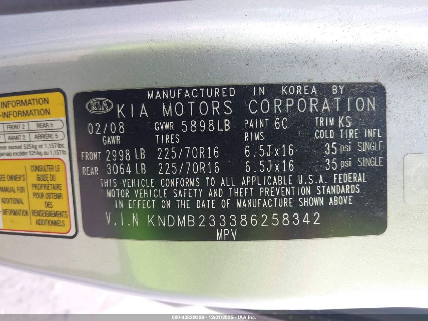 2008 Kia Sedona Lx VIN: KNDMB233386258342 Lot: 43820309