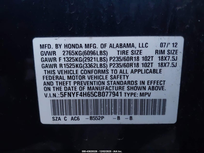 5FNYF4H65CB077941 2012 HONDA PILOT photo no. 9