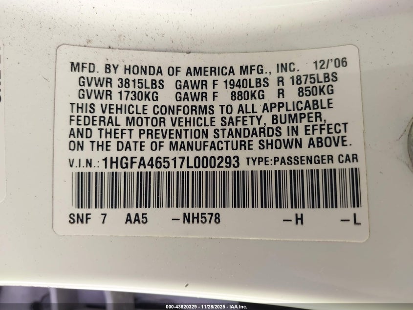 2007 Honda Civic Gx VIN: 1HGFA46517L000293 Lot: 43820329