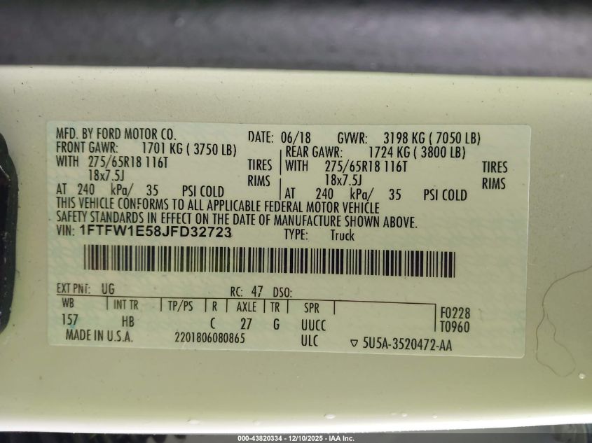 2018 Ford F-150 Lariat VIN: 1FTFW1E58JFD32723 Lot: 43820334