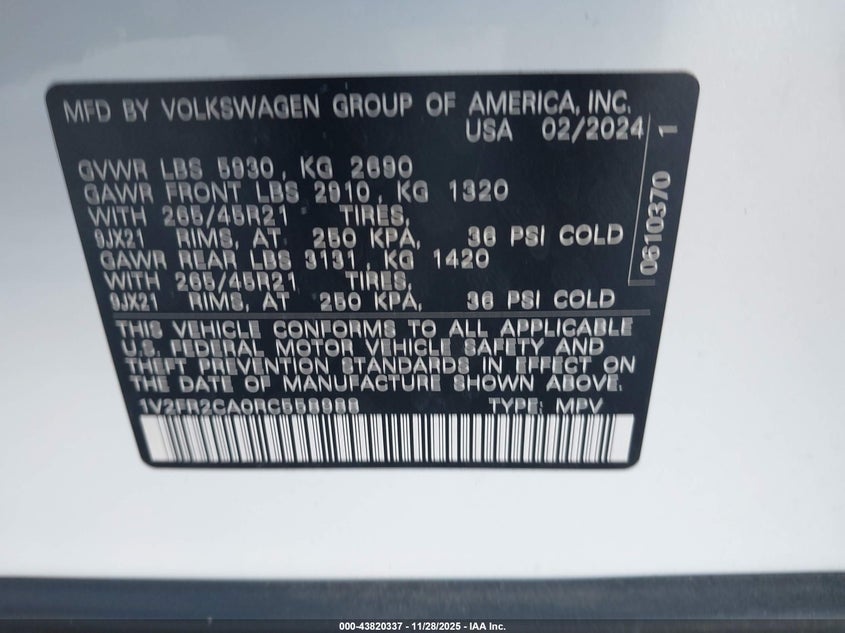 2024 Volkswagen Atlas 2.0T Sel Premium R-Line VIN: 1V2FR2CA0RC558988 Lot: 43820337