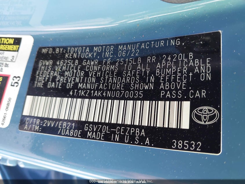 2022 Toyota Camry Trd VIN: 4T1KZ1AK4NU070035 Lot: 43820358