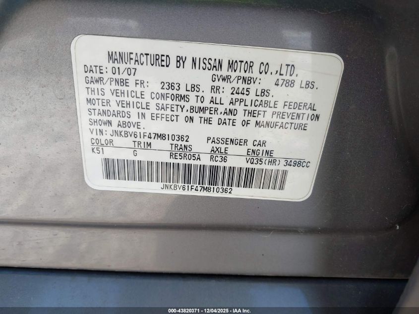 2007 Infiniti G35X VIN: JNKBV61F47M810362 Lot: 43820371