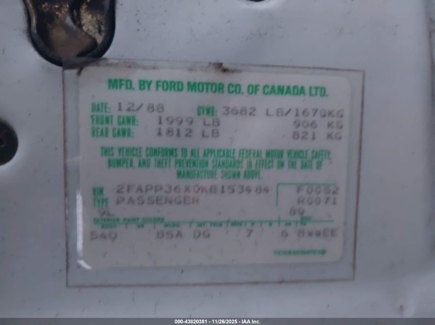 1989 Ford Tempo Gl VIN: 2FAPP36X0KB153484 Lot: 43820381