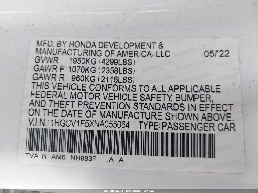 2022 Honda Accord Ex-L VIN: 1HGCV1F5XNA055064 Lot: 43820382