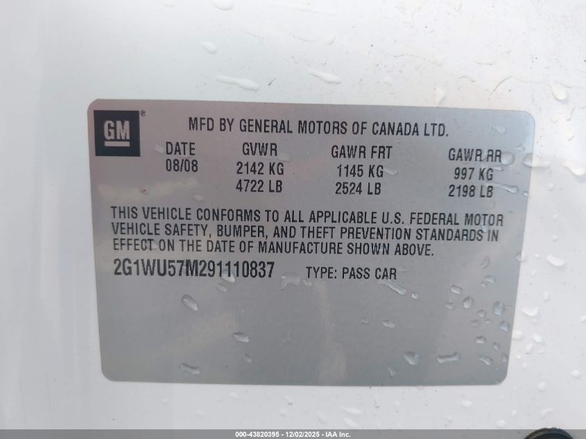 2009 Chevrolet Impala Ltz VIN: 2G1WU57M291110837 Lot: 43820395