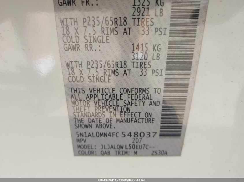 2015 Infiniti Qx60 VIN: 5N1AL0MN4FC548037 Lot: 43820411