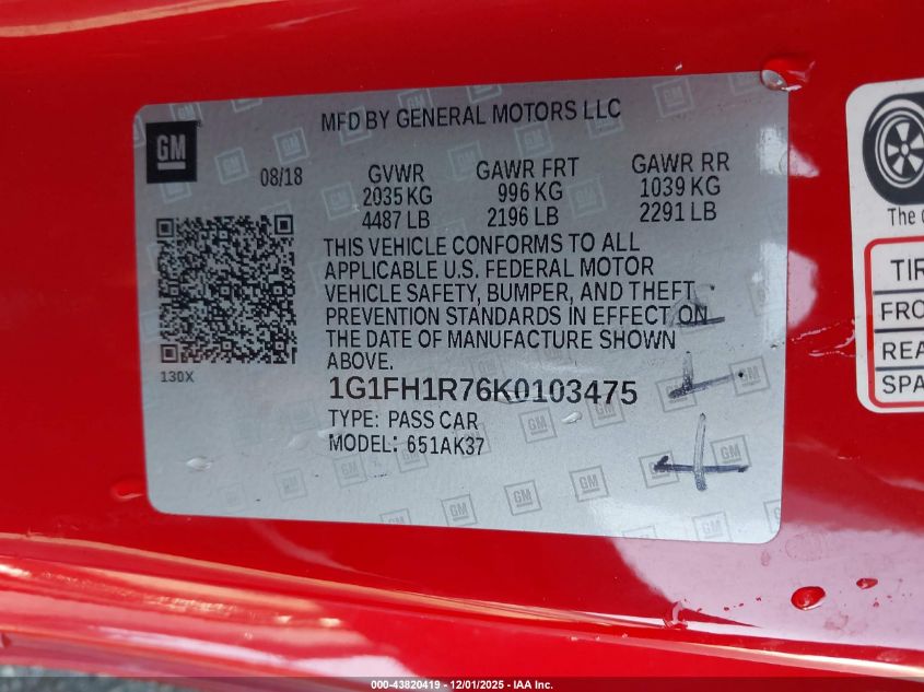 2019 Chevrolet Camaro 2Ss VIN: 1G1FH1R76K0103475 Lot: 43820419