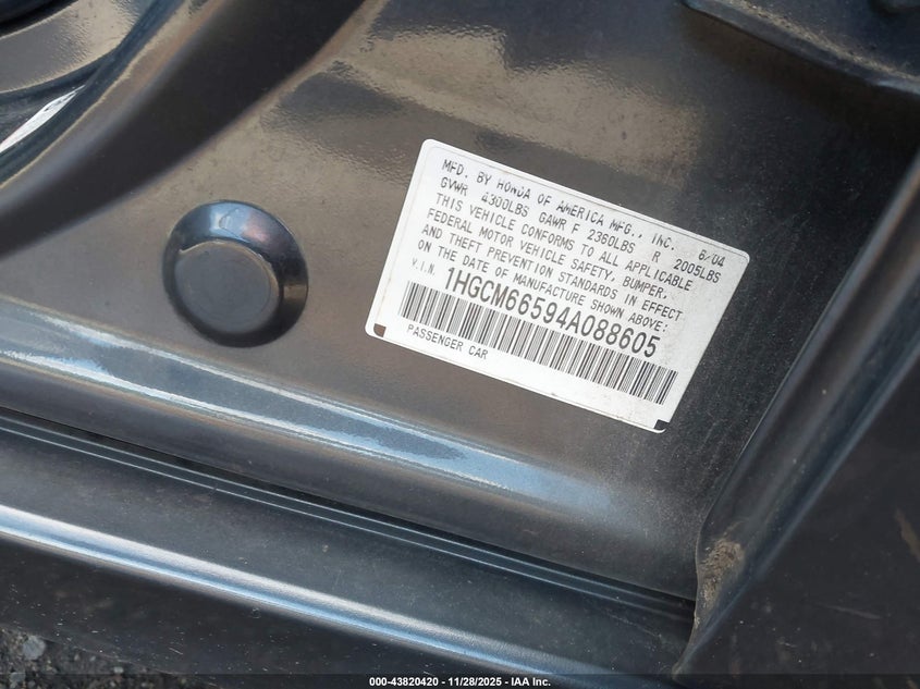 2004 Honda Accord 3.0 Ex VIN: 1HGCM66594A088605 Lot: 43820420