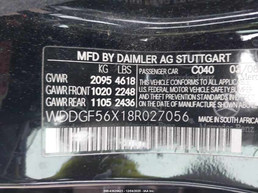 2008 Mercedes-Benz C 350 Sport VIN: WDDGF56X18R027056 Lot: 43820423