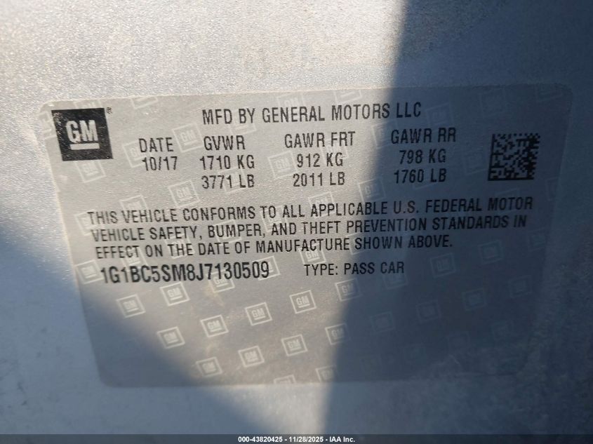 2018 Chevrolet Cruze Ls Auto VIN: 1G1BC5SM8J7130509 Lot: 43820425