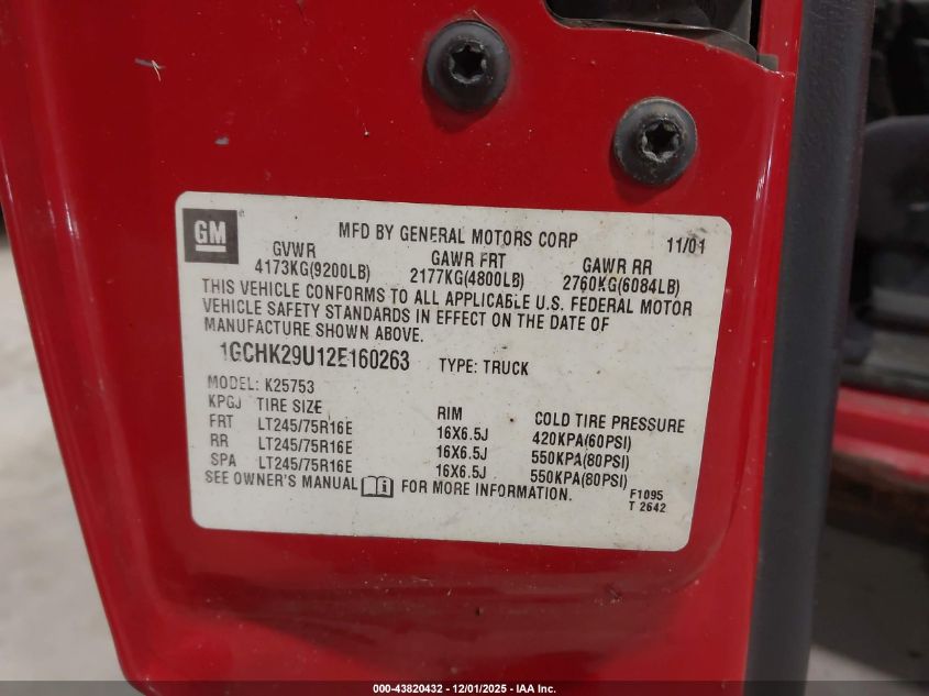 2002 Chevrolet Silverado 2500Hd Ls VIN: 1GCHK29U12E160263 Lot: 43820432