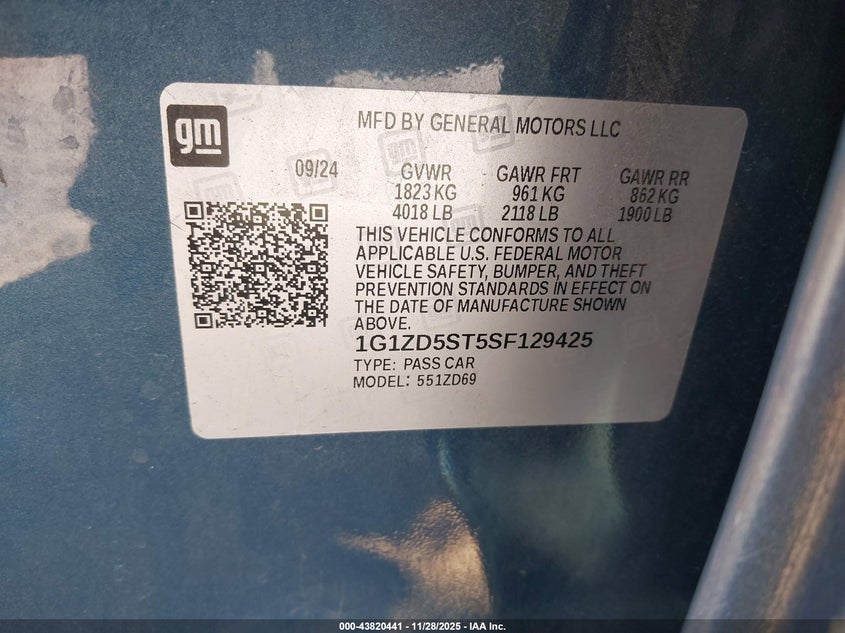 2025 Chevrolet Malibu Fwd 1Lt VIN: 1G1ZD5ST5SF129425 Lot: 43820441