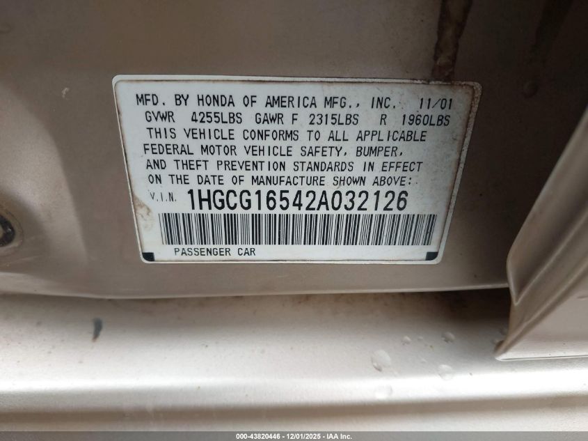 2002 Honda Accord 3.0 Ex VIN: 1HGCG16542A032126 Lot: 43820446