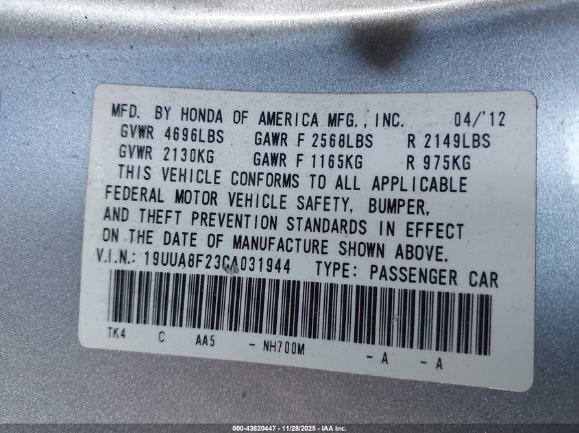 2012 Acura Tl 3.5 VIN: 19UUA8F23CA031944 Lot: 43820447