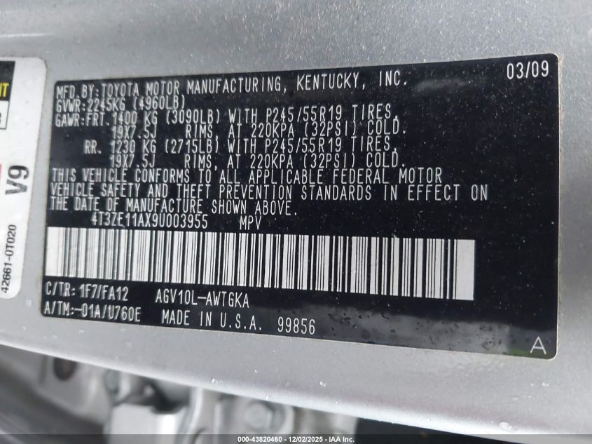 2009 Toyota Venza VIN: 4T3ZE11AX9U003955 Lot: 43820460