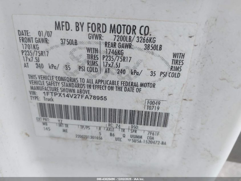 2007 Ford F-150 Fx4/Lariat/Xl/Xlt VIN: 1FTPX14V27FA78955 Lot: 43820496
