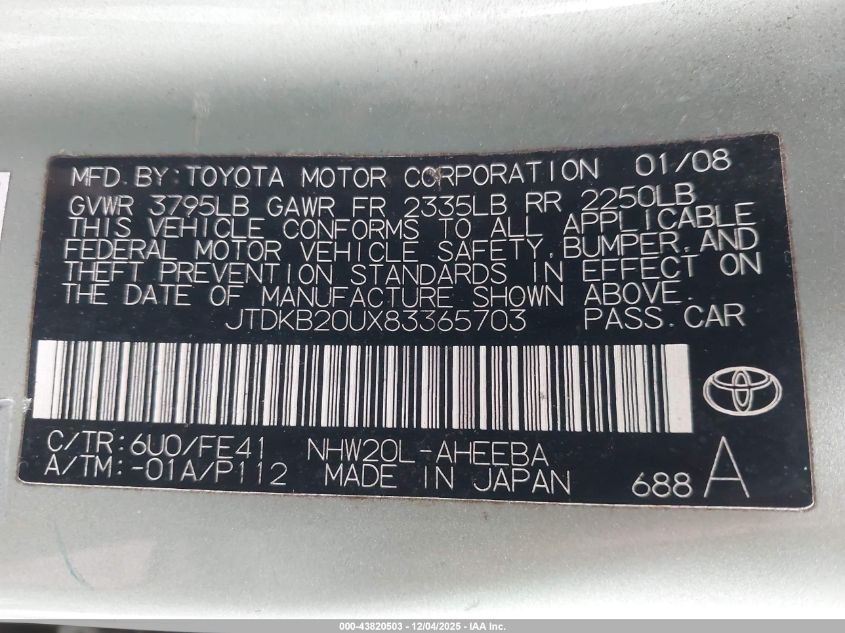 2008 Toyota Prius VIN: JTDKB20UX83365703 Lot: 43820503