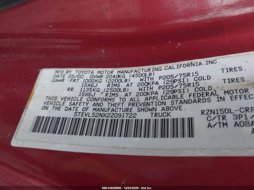 2002 Toyota Tacoma VIN: 5TEVL52NX2Z091722 Lot: 43820506