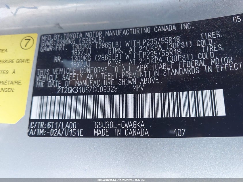 2007 Lexus Rx 350 VIN: 2T2GK31U67C009325 Lot: 43820514