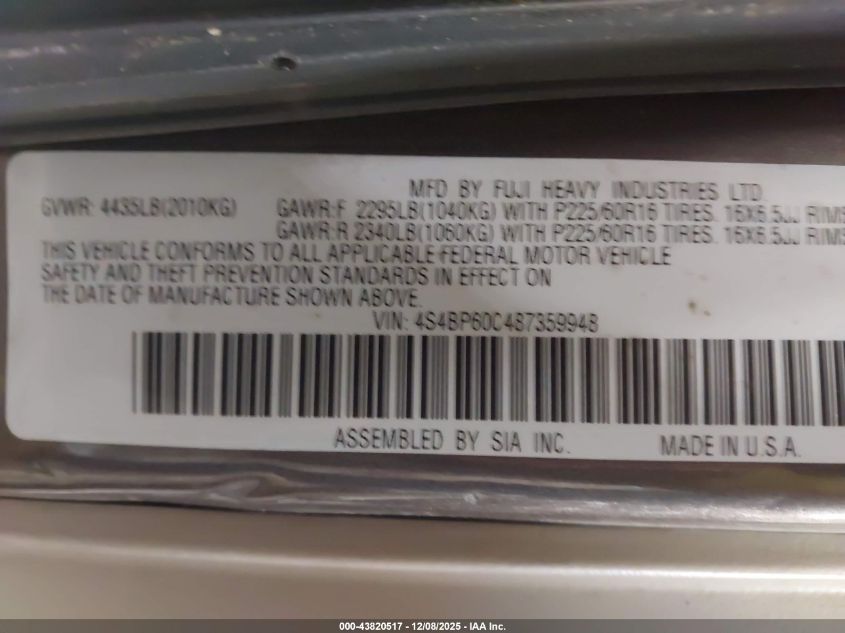 2008 Subaru Outback VIN: 4S4BP60C487359948 Lot: 43820517