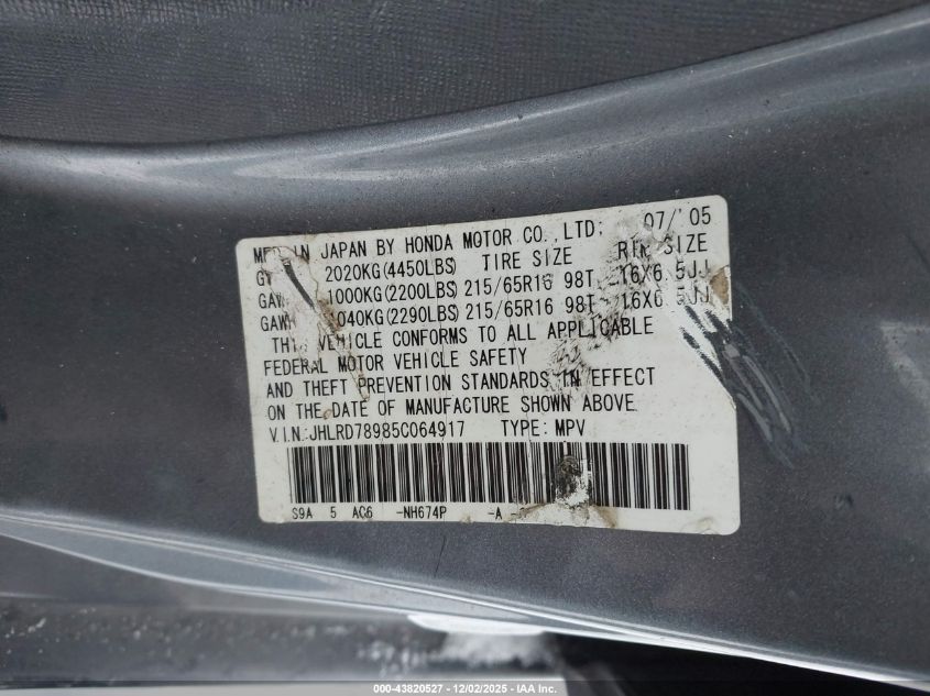 2005 Honda Cr-V Se VIN: JHLRD78985C064917 Lot: 43820527