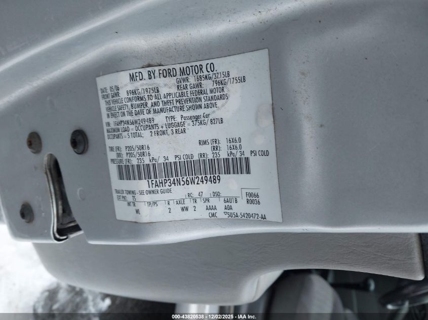 2006 Ford Focus Zx4 VIN: 1FAHP34N56W249489 Lot: 43820538
