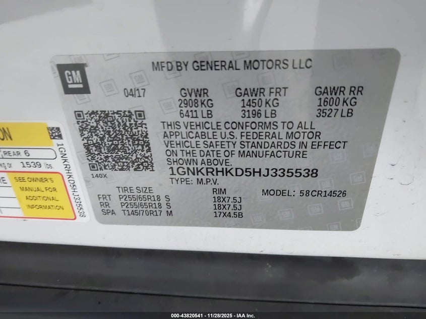 2017 Chevrolet Traverse 2Lt VIN: 1GNKRHKD5HJ335538 Lot: 43820541