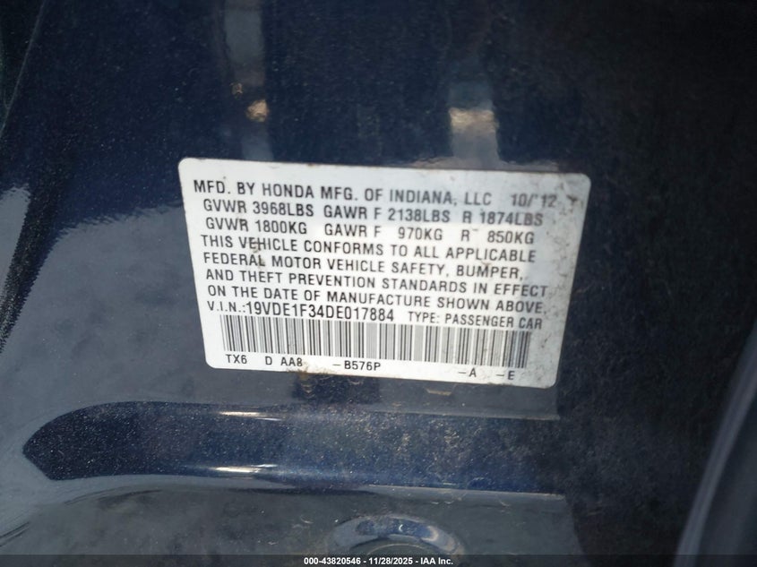 2013 Acura Ilx 2.0L VIN: 19VDE1F34DE017884 Lot: 43820546