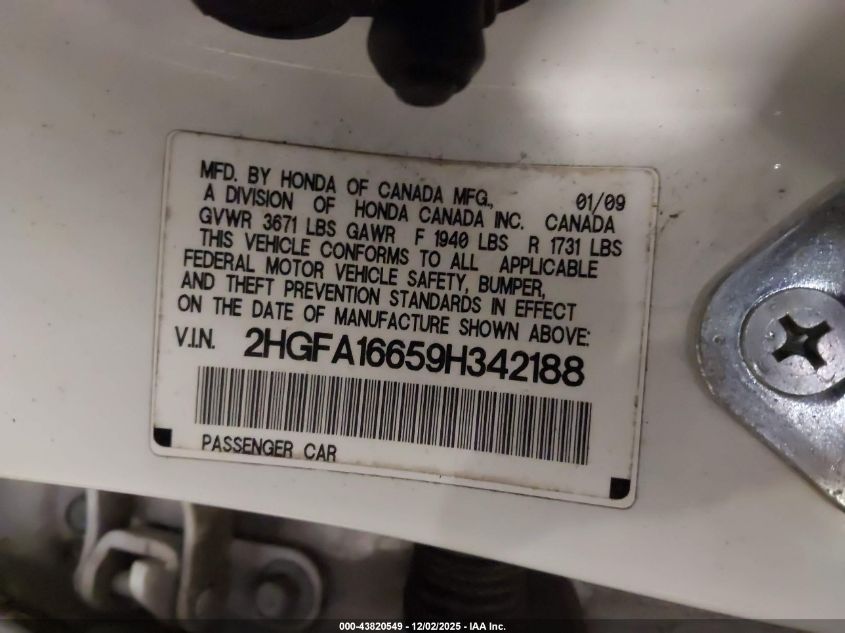 2009 Honda Civic Lx-S VIN: 2HGFA16659H342188 Lot: 43820549