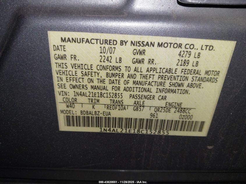 2008 Nissan Altima 2.5 S VIN: 1N4AL21E18C152855 Lot: 43820551