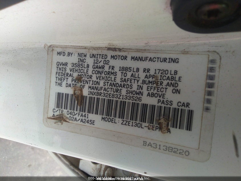 2003 Toyota Corolla Le VIN: 1NXBR32E83Z133526 Lot: 43820555